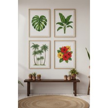 Tontilika Tropikal Bitkiler ve Çiçekler Dekoratif 4’lü Ahşap Çerçeveli Tablo Seti - Salon Dekor