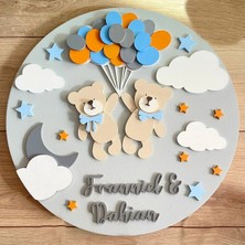 Brand House Doğal Ahşap Lazer Kesim Uçan Ayılar Temalı 3D Katmanlı Çocuk ve Bebek Kapı Duvar Süsü