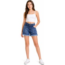 İrem Çocuk Giyim Kız Çocuk Beli Lastikli Torba Cepli Mavi Renk Kot Şort