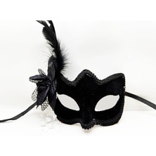 Elwes Siyah Renk Yandan Tüylü Beyaz Incili Süet Kaplama A Kalite Lüks Parti Maskesi 20X23 cm