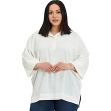 Disentis Modest Büyük Beden Gömlek Yaka Düşük Truvakar Kollu Rahat Kesim Beyaz Bluz