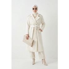 Armine Trend Apolet Detaylı Allerli Astarlı Kuşaklı Kaşe Kaban Beyaz 25KT729