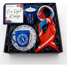 As Gift Kişiye Özel Mavi Fincan & Bardak Mum & Fular Hediye Seti
