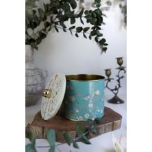 Mabeyn Evle- Desenli Yuvarlak Metal Saklama Kabı, Erzak Saklama Kabı - Organizer Kutu 14 cm x 12,5 cm (Blue)