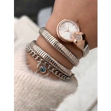 Ferrucci Rose Renk, Yılan Saat Çelik Kordon Garanti Belgeli Kadın Kol Saati+Bileklik