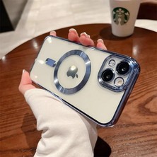 Mabeyn 15 Için ile Uyumlu Arka Kısmı Parlak Şeffaf Yapıya Sahip Kenarları Silikon Yapılı Güçlendirilmiş Mıknatıslı Kamera Lens Koruyuculu Kablosuz Şarj Destekli Kılıf (Mavi)