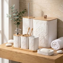 Makri Home 7 Parça Banyo Seti Krem Renk Bambu Kapaklı Desenli 8 Litre Hacim Suya Dayanıklı