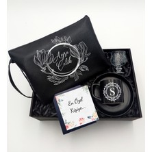 As Gift Kişiye Özel Siyah Makyaj Çantası & Siyah Fincan & Kahve Yanı Cam Su Bardağı Hediye Seti