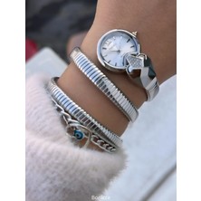 Ferrucci Yılan Saat Gümüş Renk Özel Tasarım Bayan Kol Saati+Bileklik Hediyeli