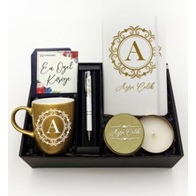 As Gift Kişiye Özel Beyaz Defter & Gold Kupa & Beyaz Kalem & Gold Metal Kutulu Mum Hediye Seti