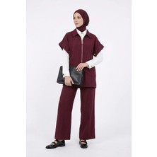 Armine Trend Tam Fermuarlı Cepli Beli Büzgülü Pantolonlu Ikili Takım Bordo 26YT6127
