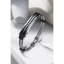 Luna Jewelry Erkek Gümüş Renk Siyah Metal Detaylı Burgu Model 316 L Çelik Bileklik