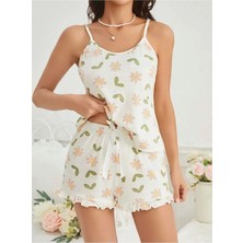 MixmioLife Kadın Ekru Çiçek Baskılı Şortlu Gecelik Pijama Takımı 5047