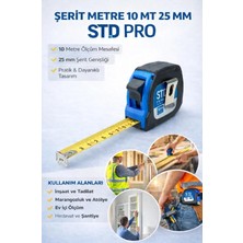 Mabeyn Std Pro Şerit Metre, 10M Uzunluk, 25MM Genişlik, Pratik ve Dayanıklı Tasarım, Inşaat ve Tadilat Için