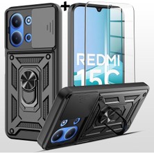 Mabeyn - 15C 5g ile Uyumlu Kılıf Kamera Korumalı Sürgülü Yüzüklü Standlı Armor Kapak + Ekran Koruyucu Cam Set