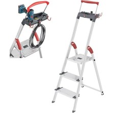 Mabeyn L84 Comfortline Alüminyum Güvenlikli Ayaklı Merdiven, 3 Xxl Kademe, 150 Kg'a Kadar Taşıma Kapasitesi, Derin Ayak Yüzeyi ve Tutma Sapı, Raflı Ayaklı Merdiven, Alman Malı, Paslanmaz Çelik