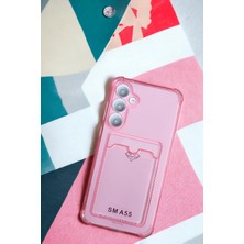 Mabeyn Galaxy A55 Kılıf Kartlıklı Köşe Koruma Tasarımlı Renkli Şeffaf G-Kart Kılıf (Pembe)