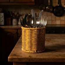 Mabeyn Buffer Yuvarlak Hasır Dokulu Plastik Rattan Kaşıklık ve Çatallık, Askılı Çok Amaçlı Mutfak Organizeri, 10X14 cm