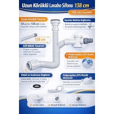 Mabeyn 138 cm Uzun Körüklü Lavabo Sifonu, Esnek Gider Borusu, Çamaşır ve Bulaşık Makinesi Tahliye Bağlantılı, Kolay Montajlı Dayanıklı Plastik Lavabo Gider Hortumu