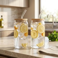 Mabeyn Borosilikat Cam Bardak, 500 ml Geniş Kapasite, Isıya Dayanıklı Yapı, Makinede Yıkanabilir, Ev Ofis Restoran Için Kullanıma Uygun Ahşap Kapaklı ve Pipetli Çay Kahve Espresso Latte Sunum Bardağı