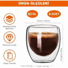 Mabeyn Needd Çift Katmanlı Espresso Cam Bardak Seti 6'lı 80 ml | Borosilikat Double Wall Isı Yalıtımlı Şeffaf Kahve Bardağı | Espresso ve Ristretto Için