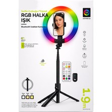 Exenar Rgb Halka Işık Uzun Tripod Selfie Çubuğu 1.9M-1200 Mah Şarjlı Kumandalı Ring Light Telefon Tutucu