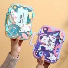 Mabeyn Renkli Kedi Desenli Beslenme Kutusu - 700 ml 2 Bölmeli Taşıma Kulplu Çocuk Beslenme Kabı Pp (Mavi)