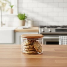 Mabeyn Deconox Doğal Akasya Ahşap Kapaklı Borosilikat Cam Saklama Kabı - 200 ml Vakumlu Kare Baharatlık ve Küçük Boy Erzak Kavanozu