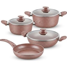 Mabeyn Papilla Argos 7 Parça Tencere ve Tava Seti - Pembe Kırçıl Renkli Yanmaz Yapışmaz Çeyiz Paketi Cam Kapaklı (20/24/26 cm Tencere + 26 cm Tava)