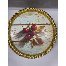 Mabeyn Lüks Dekoratif Plastik Tepsi Altın Çerçeve 46X46 Eskitme Ahşap Üzeri Kiraz Desenli