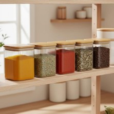 Mabeyn Bambu Kapaklı Kare Cam Kavanoz – 350 Ml, Sızdırmaz Contalı, Şeffaf Çizgili Tasarım, Çok Amaçlı Saklama Kabı