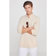 Altınyıldız Classics Erkek Bej Pamuklu Tailored Slim Fit Dar Kesim Düğmeli Yaka Örme Gömlek