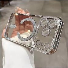 Mabeyn - 17 Pro Max ile Uyumlu Kılıf Simli Taşlı Lens Korumalı Arkası Şeffaf Kenarı Renkli Parlak ile Uyumlu Kapak - Gümüş