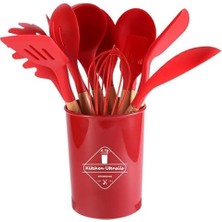 Mabeyn Promosyonca Premium Silikon Mutfak Gereçleri Seti, Kaliteli Ahşap Saplı, 11 Parça, Standlı (Kırmızı)