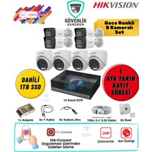 Hikvision 8 Kameralı Gece Renkli Güvenlik Seti 2mp 1tb SSD 16 Kanal Dvr 4 Iç 4 Dış Mekan
