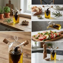 Mabeyn Deconox 2'si 1 Arada Cam Yağlık ve Sirkelik - Iç Içe Geçmeli Çift Hazneli Dekoratif Sosluk - Mantar Kapaklı Zeytinyağı ve Sirke Şişesi (240ML + 60ML)