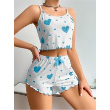 MixmioLife Kadın Beyaz Mavi Kalp Desenli Askılı Şortlu Pijama Takım 5043