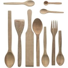 Mabeyn Ahşap Mutfak Gereçleri Seti, 10 Parça El Yapımı Doğal Ahşap Kaşık Kepçe Spatula Çatal Seti Standlı, Kahverengi