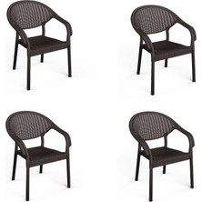 Asil Konsept 4 Adet Bambu Plastik Rattan Bahçe Balkon Teras Sandalyesi Gizli Metal Profil Ayaklı Kollu Sandalye