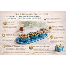 Mabeyn Turkuaz Nazar Boncuğu Desenli 3’lü Metal Çerezlik ve Sosluk Sunum Seti, Dayanıklı Baskılı Servis Tepsili Kahvaltılık, Atıştırmalık ve Lokumluk Kase Takımı, Modern Dekoratif Sofra Sunum Ürünü