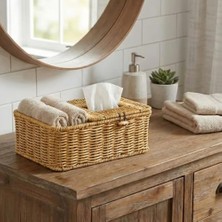 Mabeyn Buffer Bölmeli Kapaklı Doğal Rattan Görünümlü Hasır Organizer Sepet, Peçetelik, Makyaj ve Takı Düzenleyici, Plastik, 24X10X10 cm