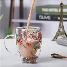 Mabeyn 350 ml Isıya Dayanıklı Borosilikat Çift Çidarlı Flower Cup Bardak Çiçekli Kahve Sunum Bardağı