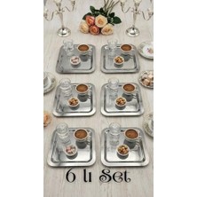 Mabeyn 6'lı Lüks Paslanmaz Çelik Kare Sunum Tepsisi Seti - Gold ve Gümüş Seçenekli-Kahve Yanı Ikramlık, Lokumluk, Dekoratif Takı Tabağı ve Bardak Altlığı (Gümüş)