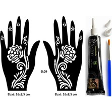 Airbrush Tattoo Güllü Desenler El Üstü Dövme Seti 2 Adet Kına Kalıbı Siyah Kına ve Fırça Hediyeli