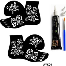 Airbrush Tattoo Gür Çiçekler 2 Adet Ayak Kalıbı ve Siyah Hint Kınası Geçici Dövme Yapma Seti