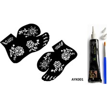Airbrush Tattoo Dallı Çiçekler 2 Adet Ayak Kalıbı ve Siyah Hint Kınası Geçici Dövme Yapma Seti