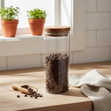Mabeyn Deconox Doğal Akasya Ahşap Kapaklı Borosilikat Cam Kavanoz - 350 ml Vakumlu Yuvarlak Baharatlık, Çay ve Kahve Saklama Kabı