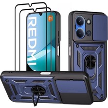 Mabeyn - 15C 5g ile Uyumlu Kılıf Kamera Korumalı Sürgülü Yüzüklü Standlı Armor Kapak + Ekran Koruyucu Cam Set - Lacivert