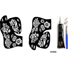 Airbrush Tattoo Papatya Deseni 2 Adet Ayak Kalıbı ve Siyah Hint Kınası Geçici Dövme Yapma Seti