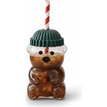 Mabeyn Arvale Barista Bardak Ayı Formlu Cam Matara - Yeşil Bereli Içecek Bardağı 500 ml